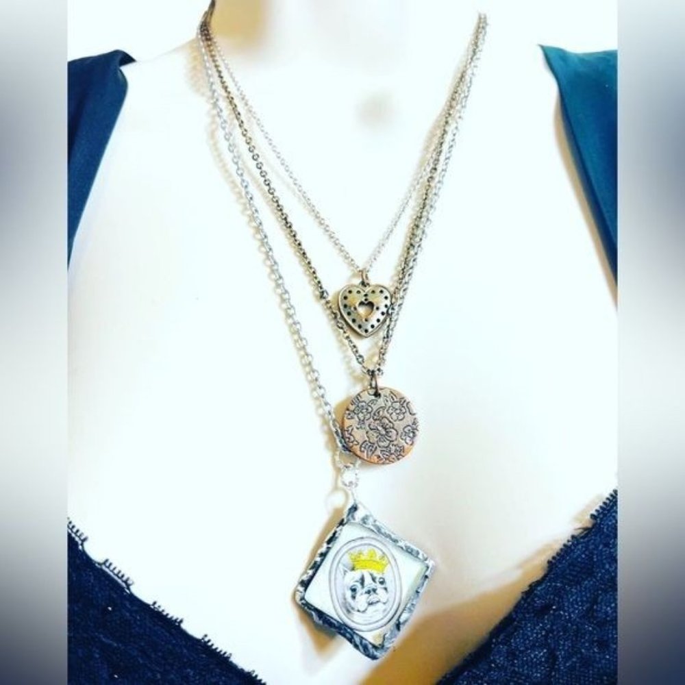 Artisan French Bulldog Glass Pendant & Vintage Necklace Handcrafted with Solder - Picture 11 of 13